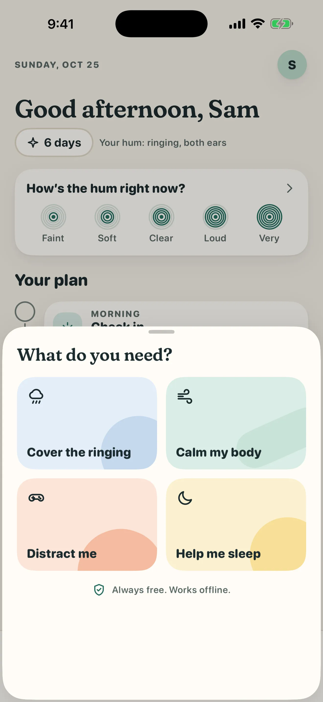 Tinnimo Relief sheet asking "What do you need?" with four choices: Cover the ringing, Calm my body, Distract me and Help me sleep. A note below says always free, works offline.