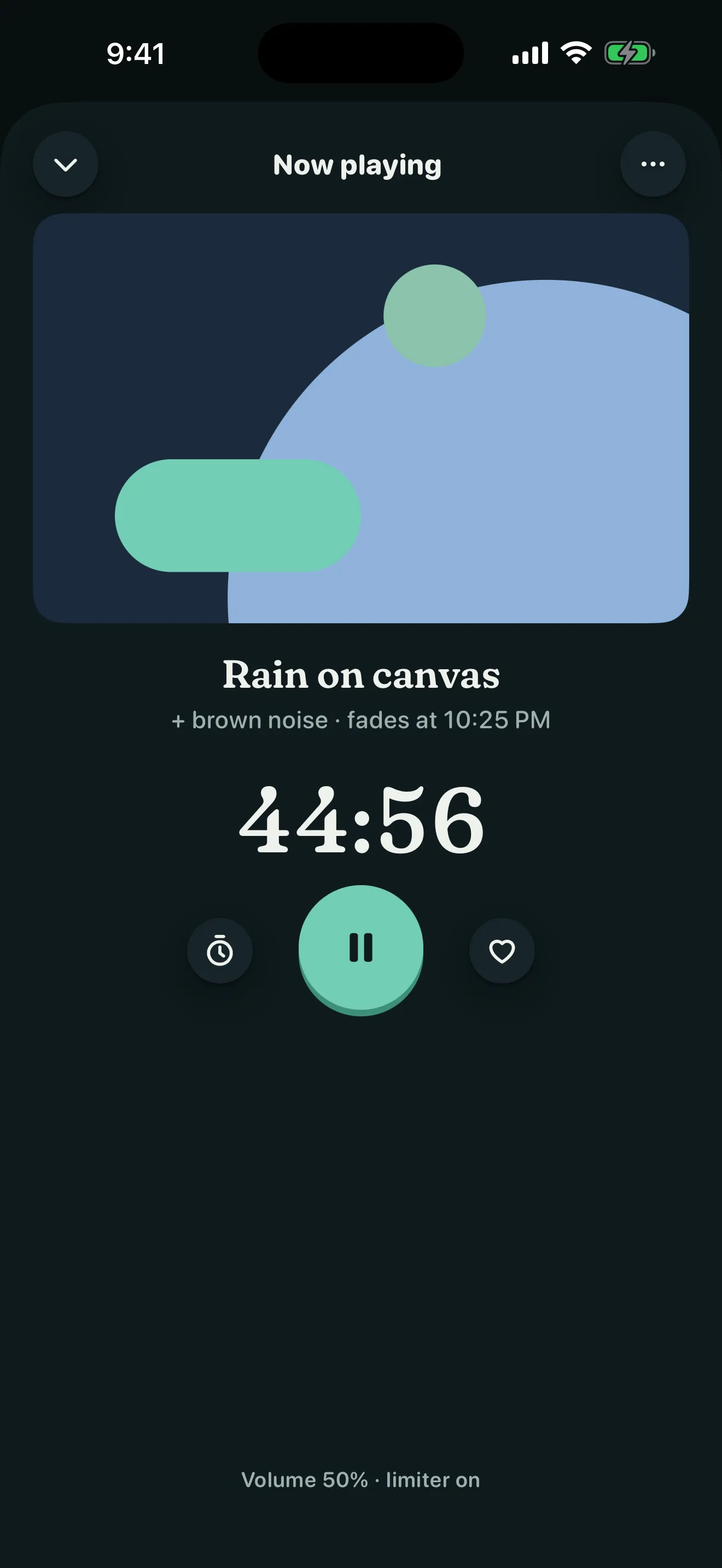 Tinnimo Now playing screen in the dark Night theme: Rain on canvas with brown noise, a sleep timer at 44:56 that fades at 10:25 PM, and the volume at 50% with the limiter on.