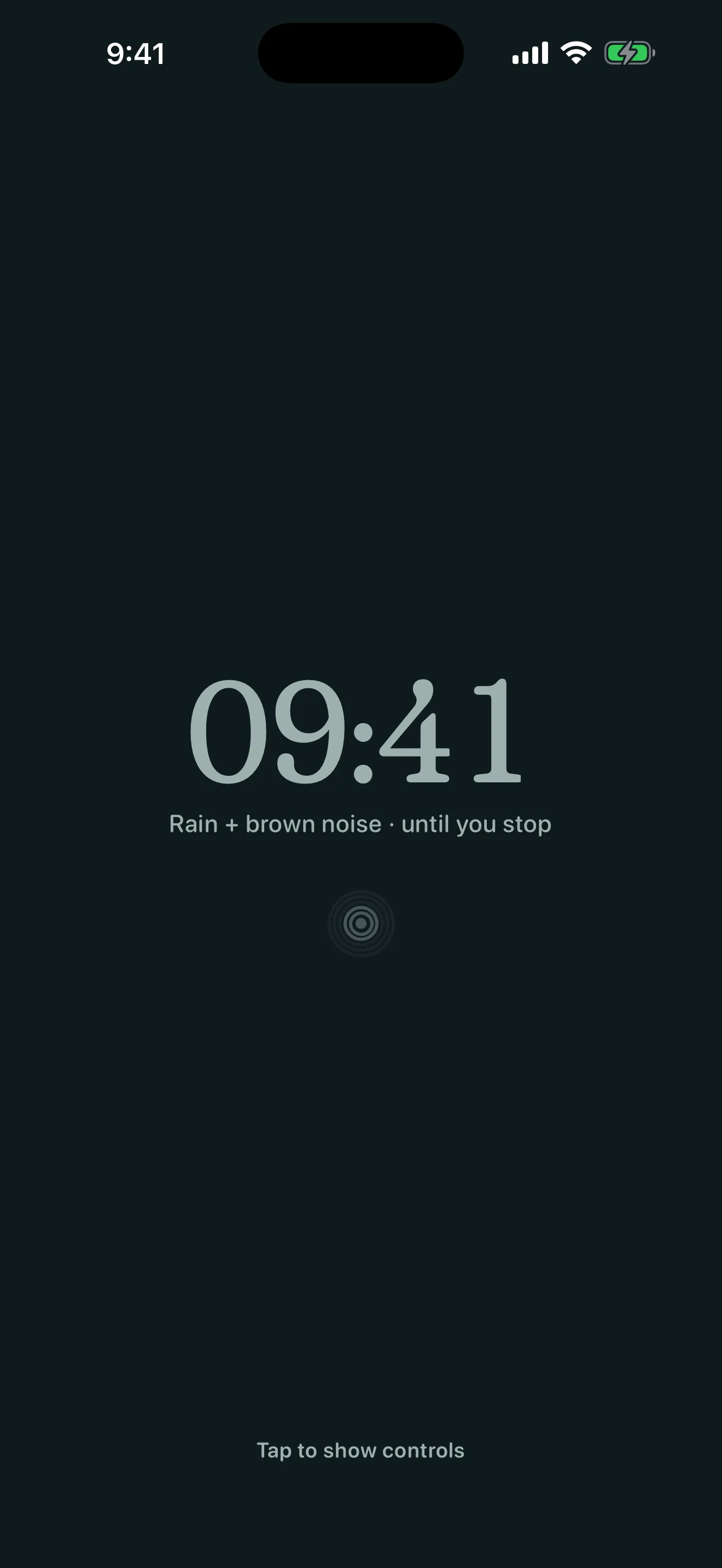 Tinnimo Sleep mode: a nearly empty dark screen with a large clock, the line "Rain + brown noise, until you stop" and a hint to tap to show controls.