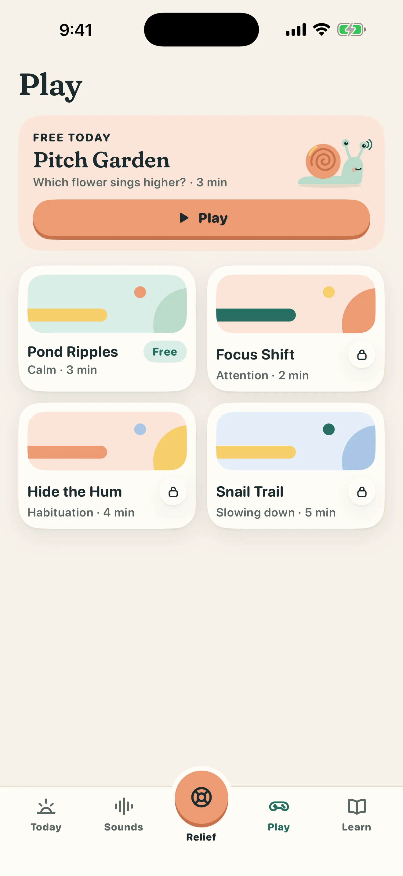 Tinnimo Play tab with today's free game, Pitch Garden, above four more calm games: Pond Ripples, Focus Shift, Hide the Hum and Snail Trail.