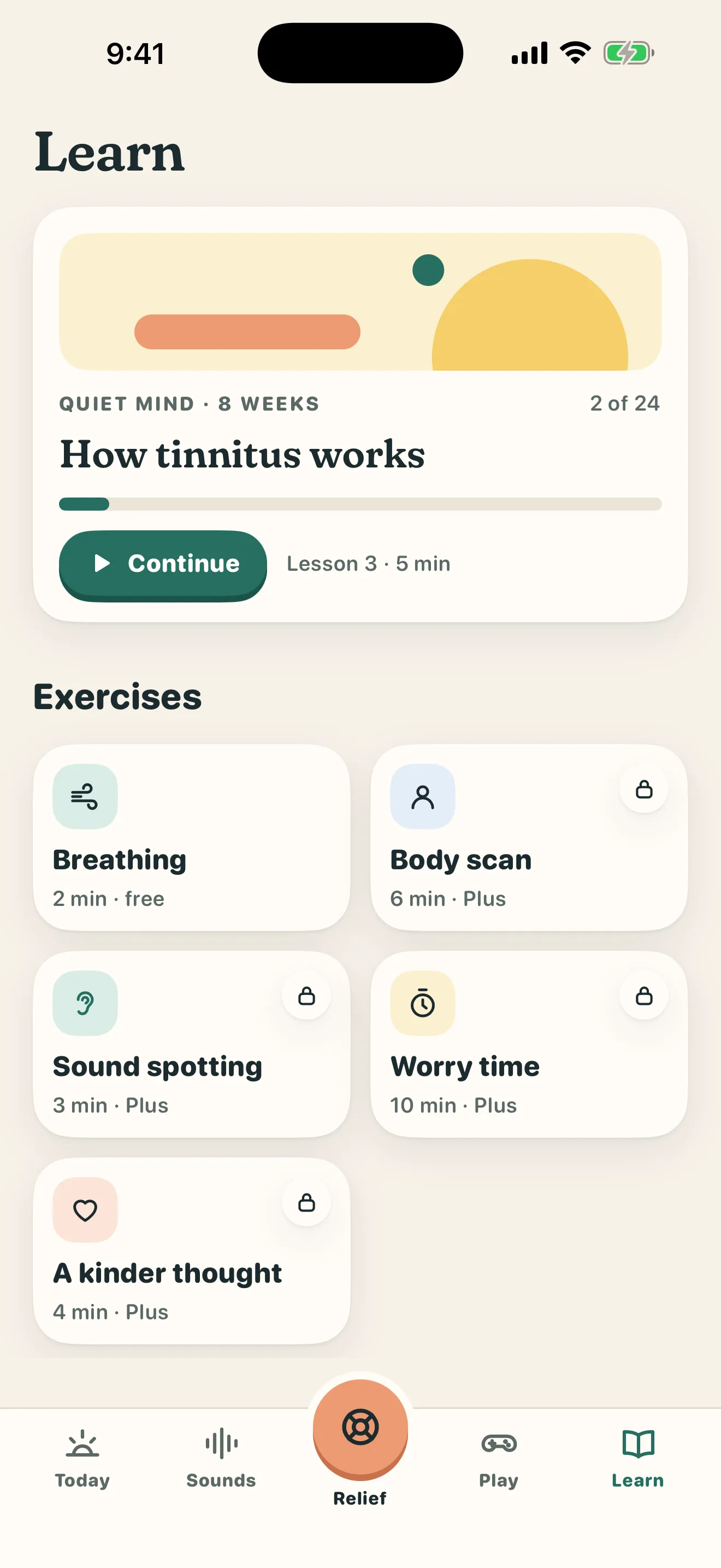 Tinnimo Learn tab with the Quiet Mind course at 2 of 24 lessons and How tinnitus works next, above five guided exercises: Breathing, Body scan, Sound spotting, Worry time and A kinder thought.